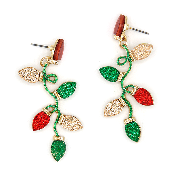 Glitter Christmas Lights Dangle Post Earrings - Red or Pink