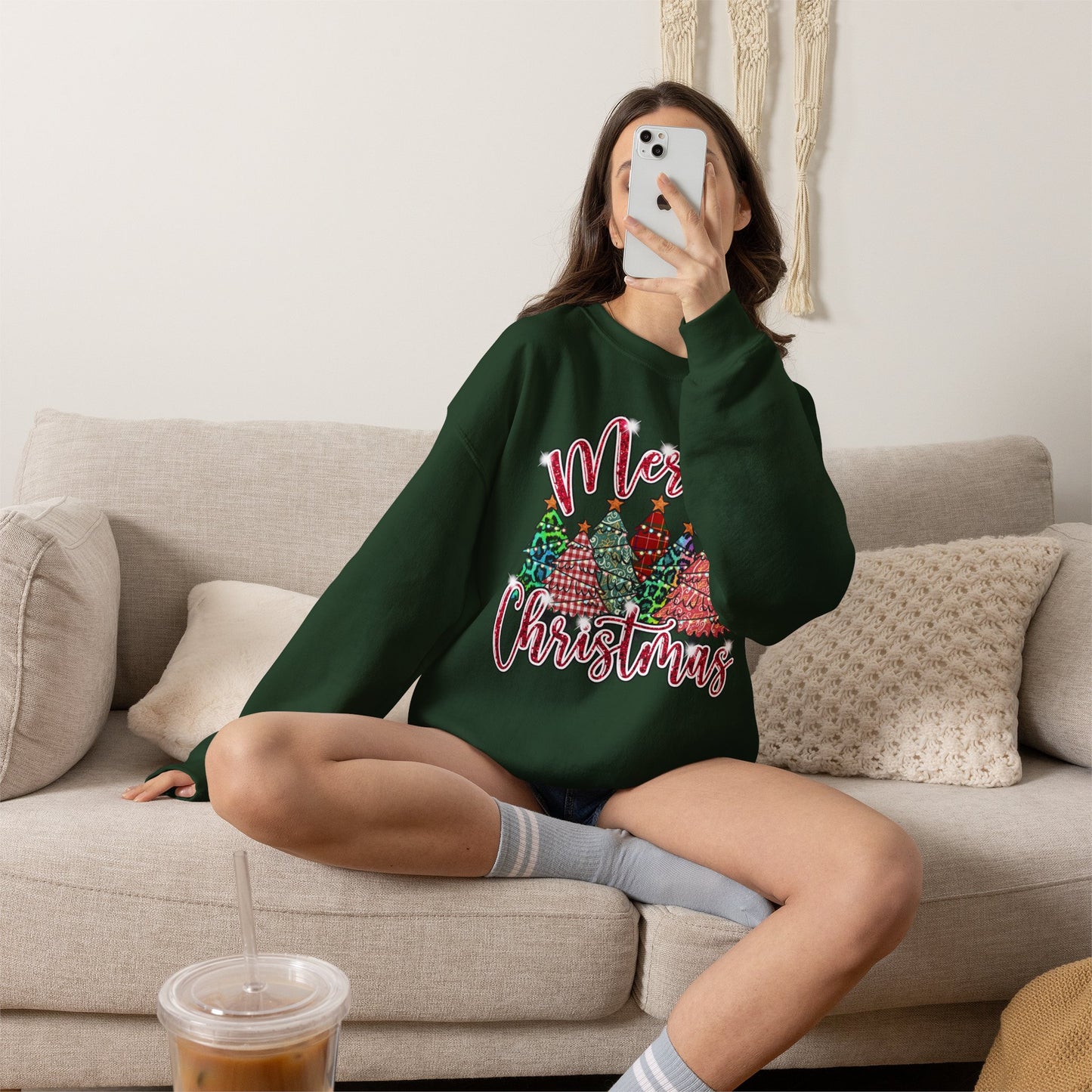 Merry Christmas Crewneck Sweatshirt - Festive Plaid Christmas Trees Holiday Sweatshirt
