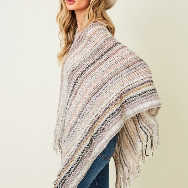 Multicolor Fringe Poncho Ivory
