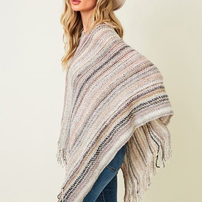 Multicolor Fringe Poncho Ivory