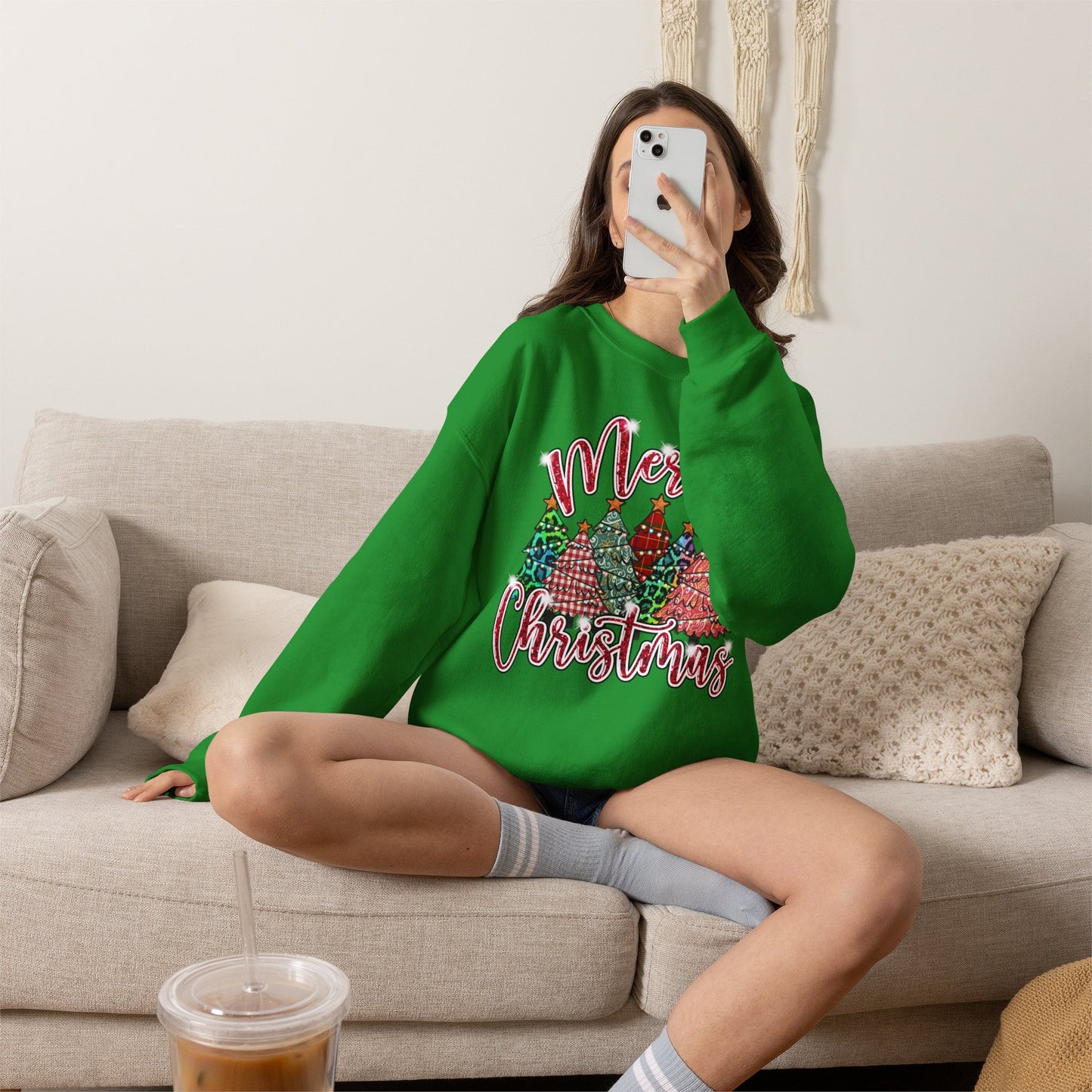 Merry Christmas Crewneck Sweatshirt - Festive Plaid Christmas Trees Holiday Sweatshirt