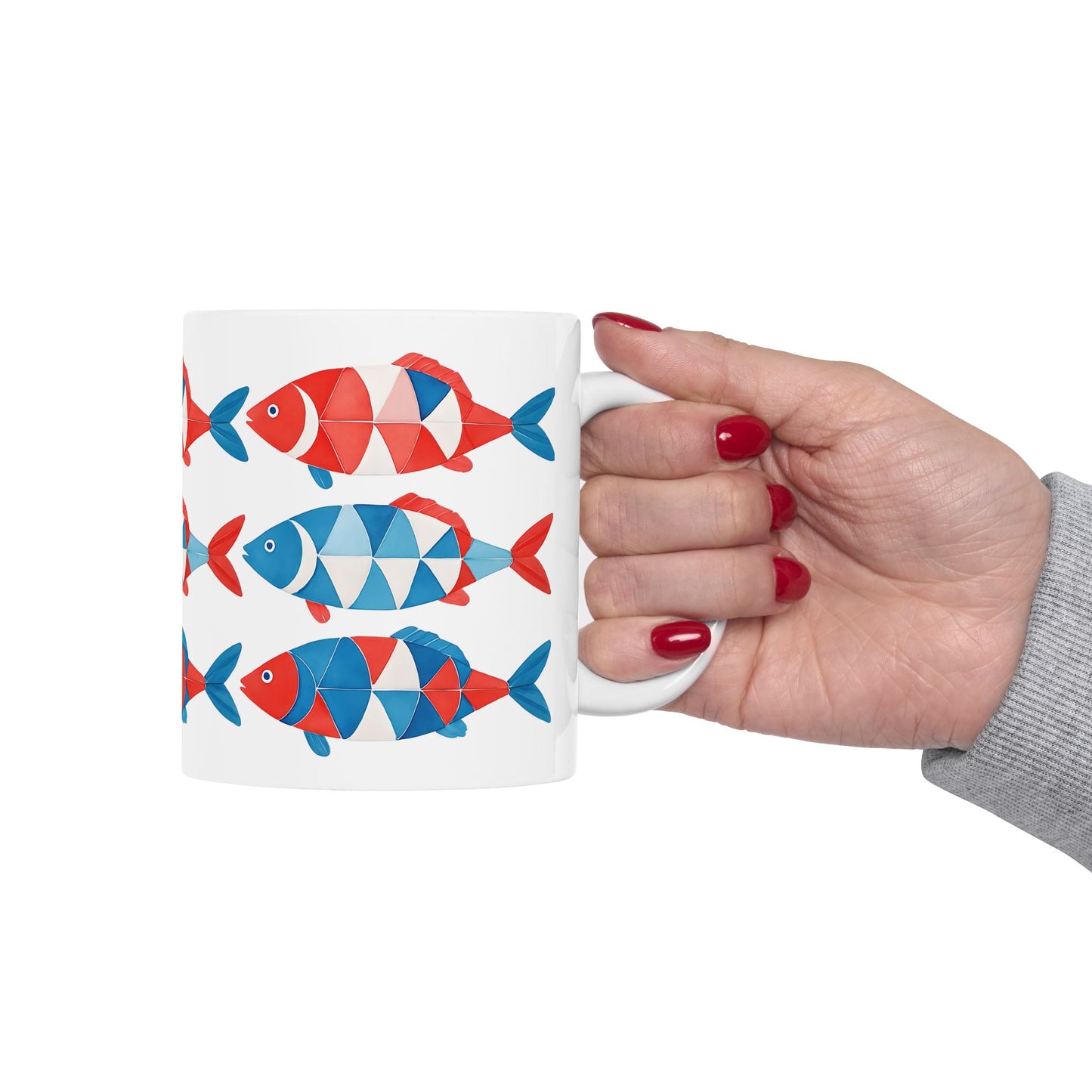 Red, White & Blue Fish Pattern Coffe Cup Ceramic Mug (11oz, 15oz)