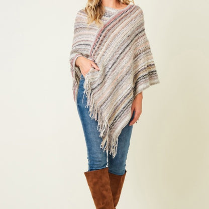 Multicolor Fringe Poncho Ivory