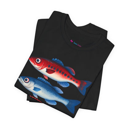 Americana Fish Trio Graphic Tee — Nautical Red & Blue Coastal T-Shirt