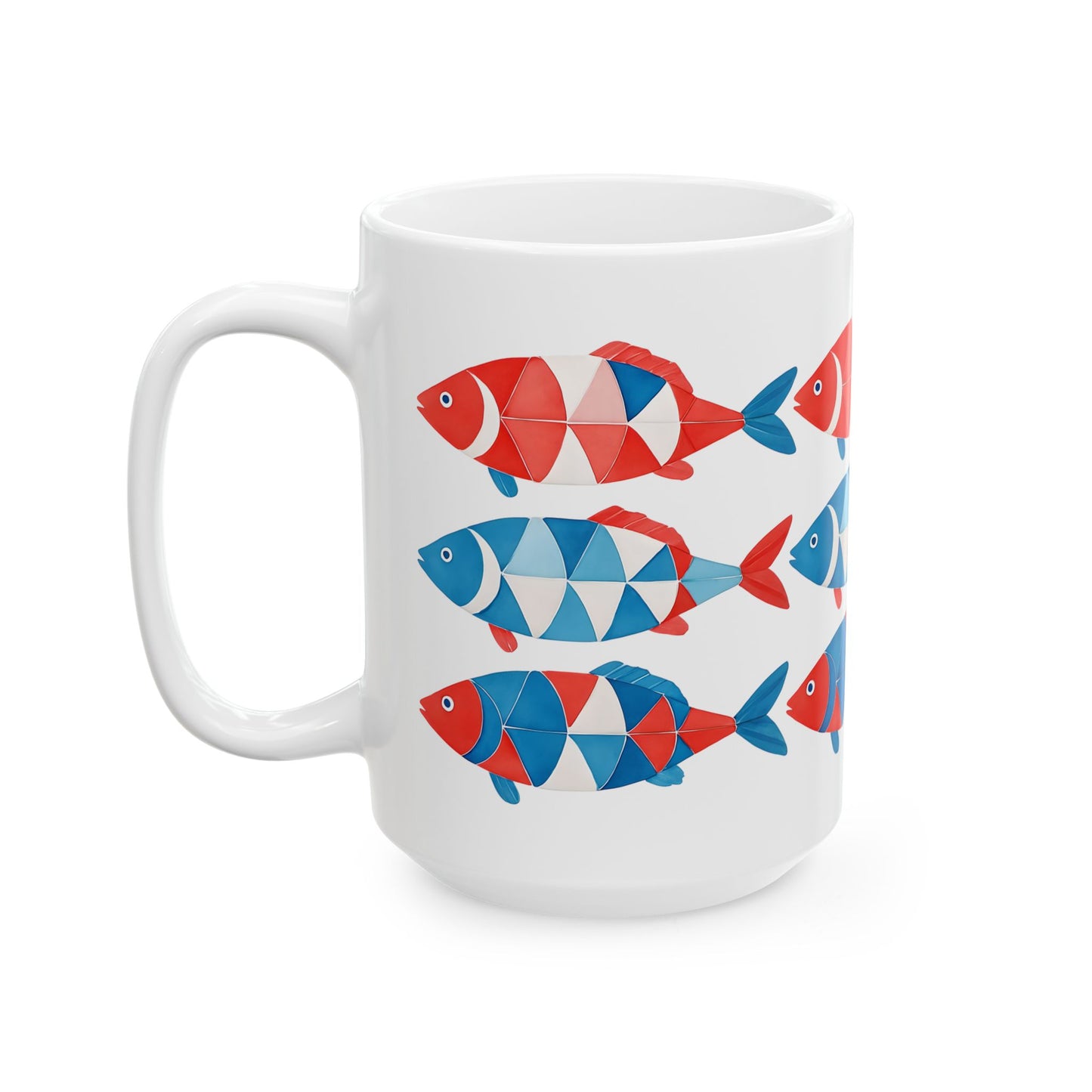 Red, White & Blue Fish Pattern Coffe Cup Ceramic Mug (11oz, 15oz)