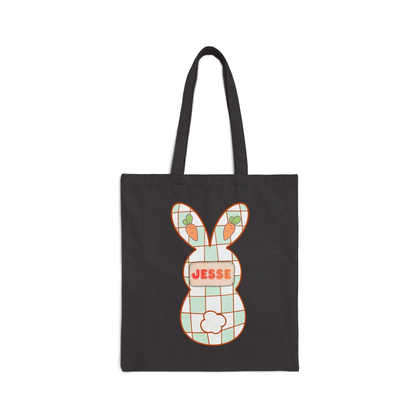 Personalized Plaid Easter Bunny Tote Bag - Custom Name Cotton Canvas