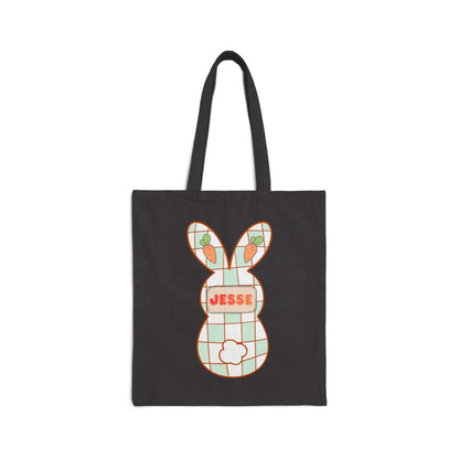Personalized Plaid Easter Bunny Tote Bag - Custom Name Cotton Canvas