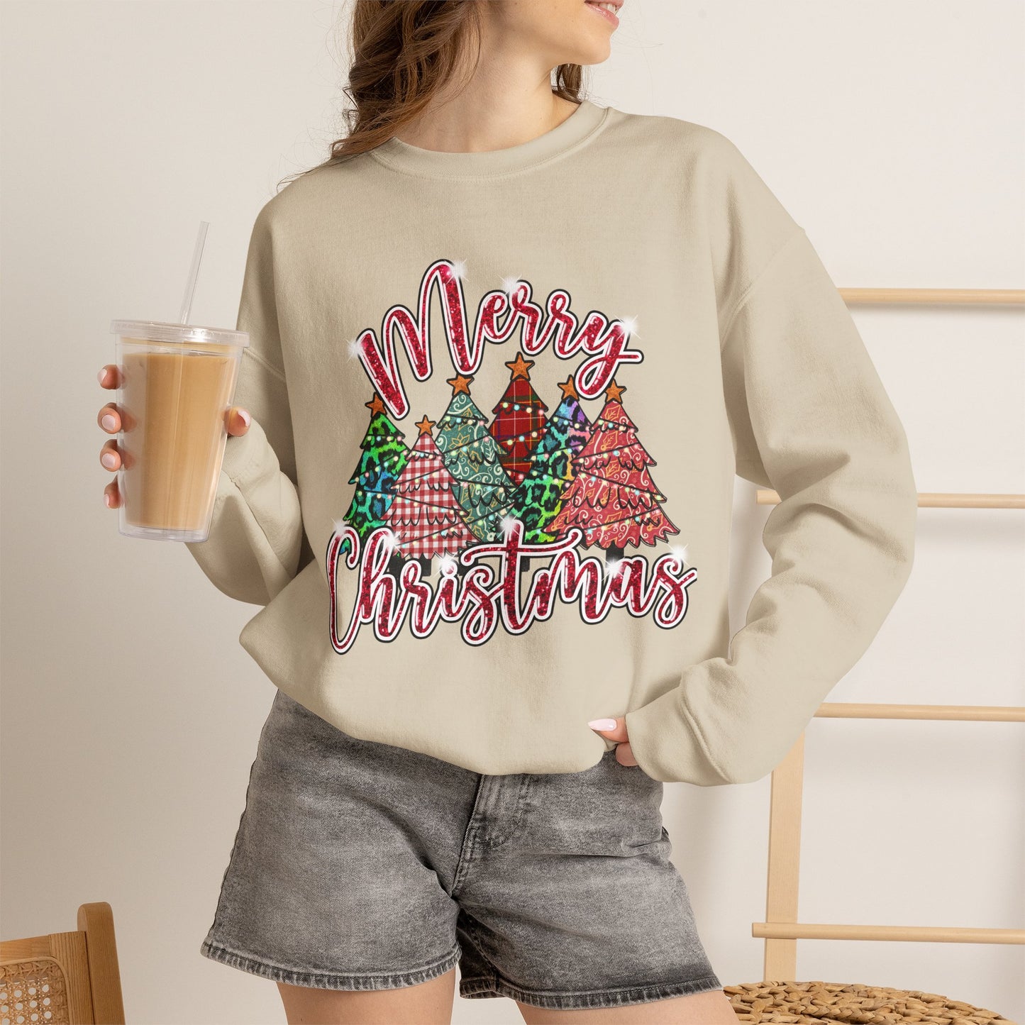 Merry Christmas Crewneck Sweatshirt - Festive Plaid Christmas Trees Holiday Sweatshirt