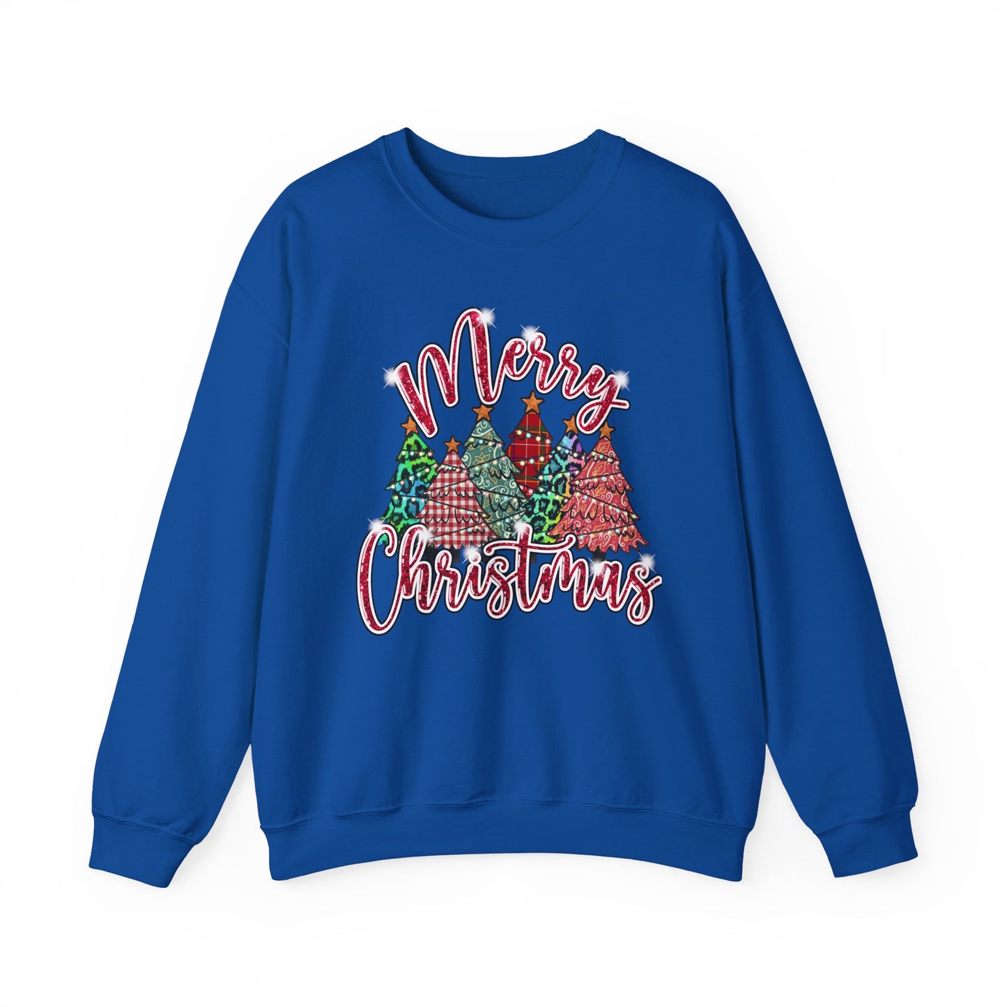 Merry Christmas Crewneck Sweatshirt - Festive Plaid Christmas Trees Holiday Sweatshirt