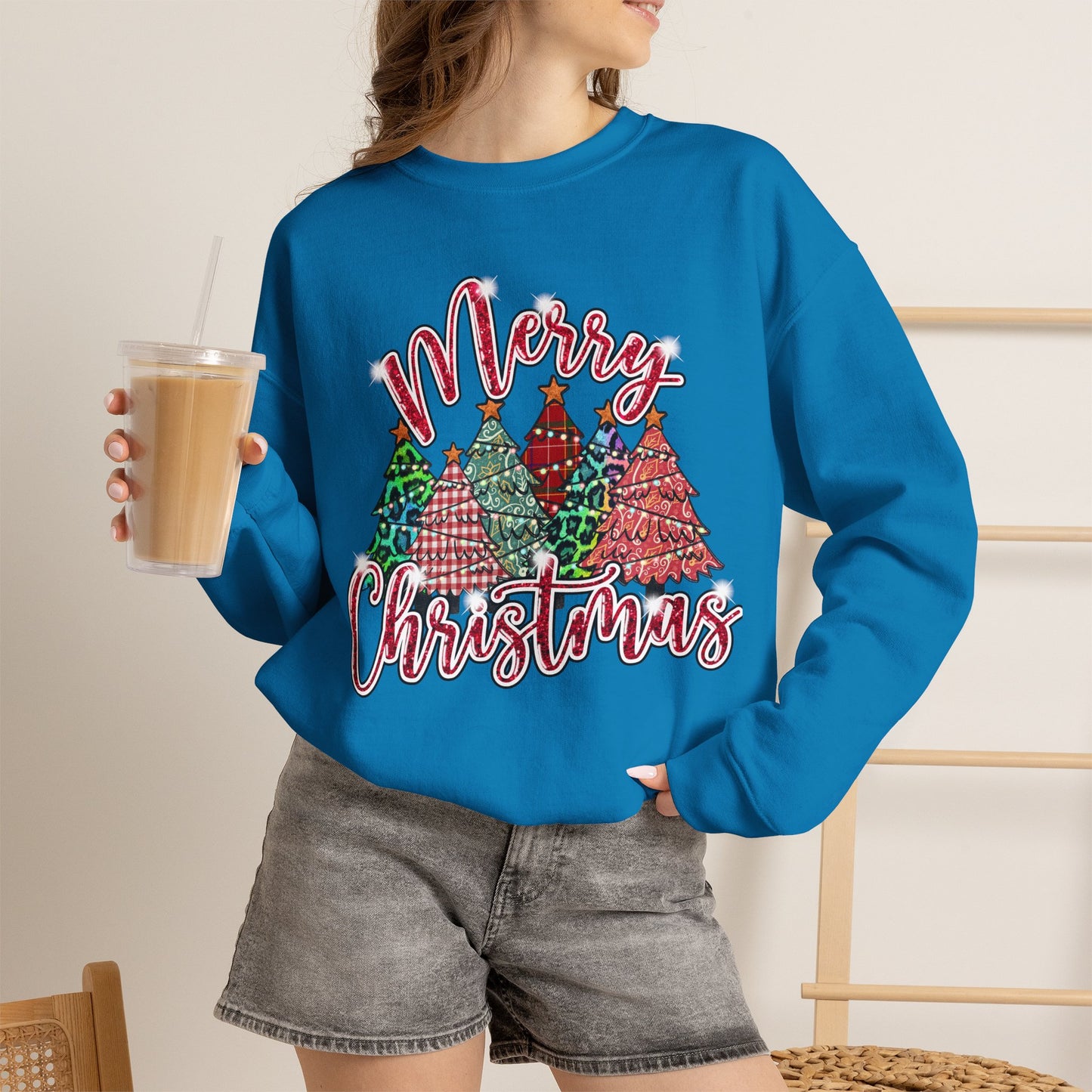 Merry Christmas Crewneck Sweatshirt - Festive Plaid Christmas Trees Holiday Sweatshirt