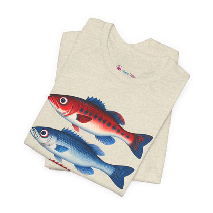 Americana Fish Trio Graphic Tee — Nautical Red & Blue Coastal T-Shirt