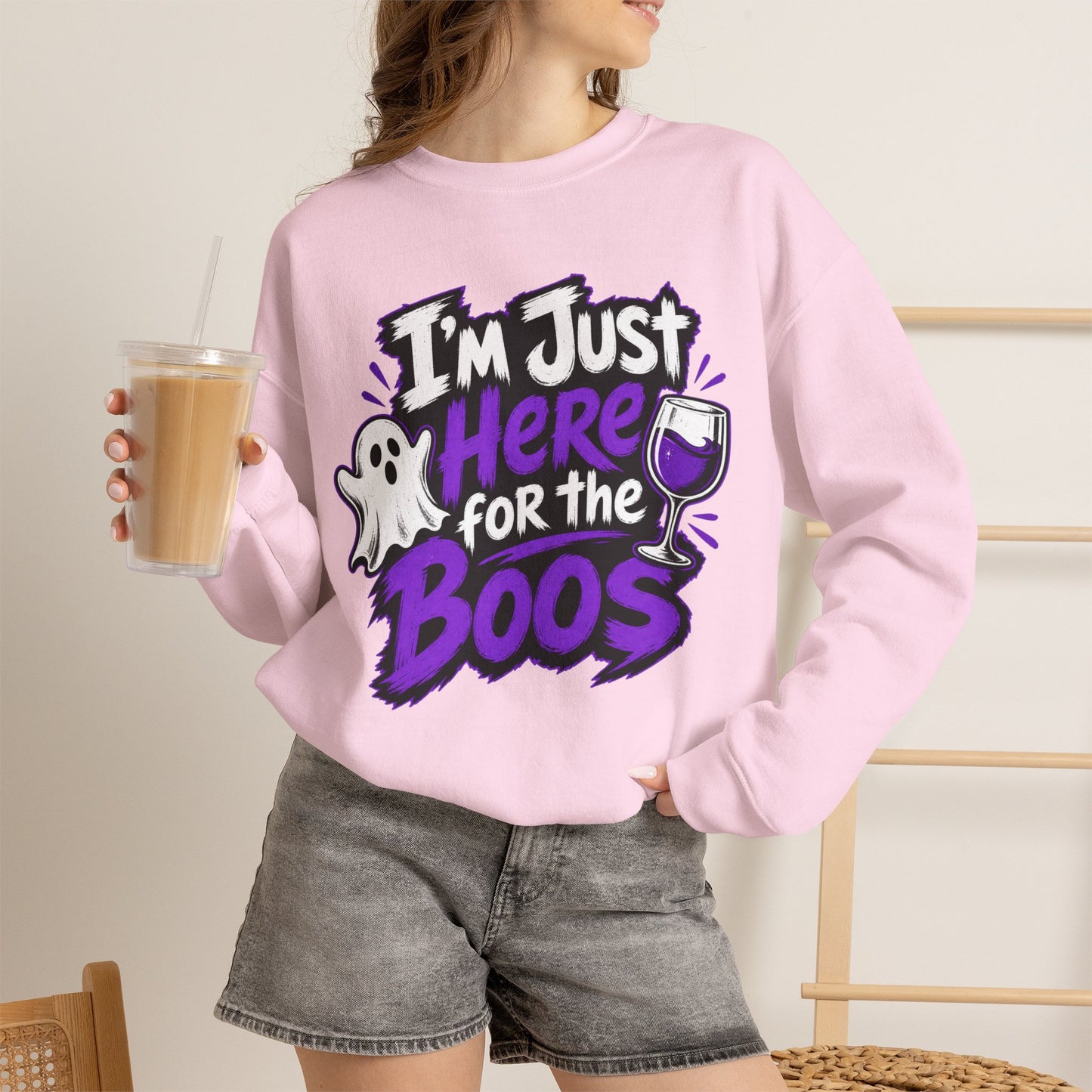 I'm Just Here for the Boos Halloween Sweatshirt — Ghost & Wine Graphic Crewneck