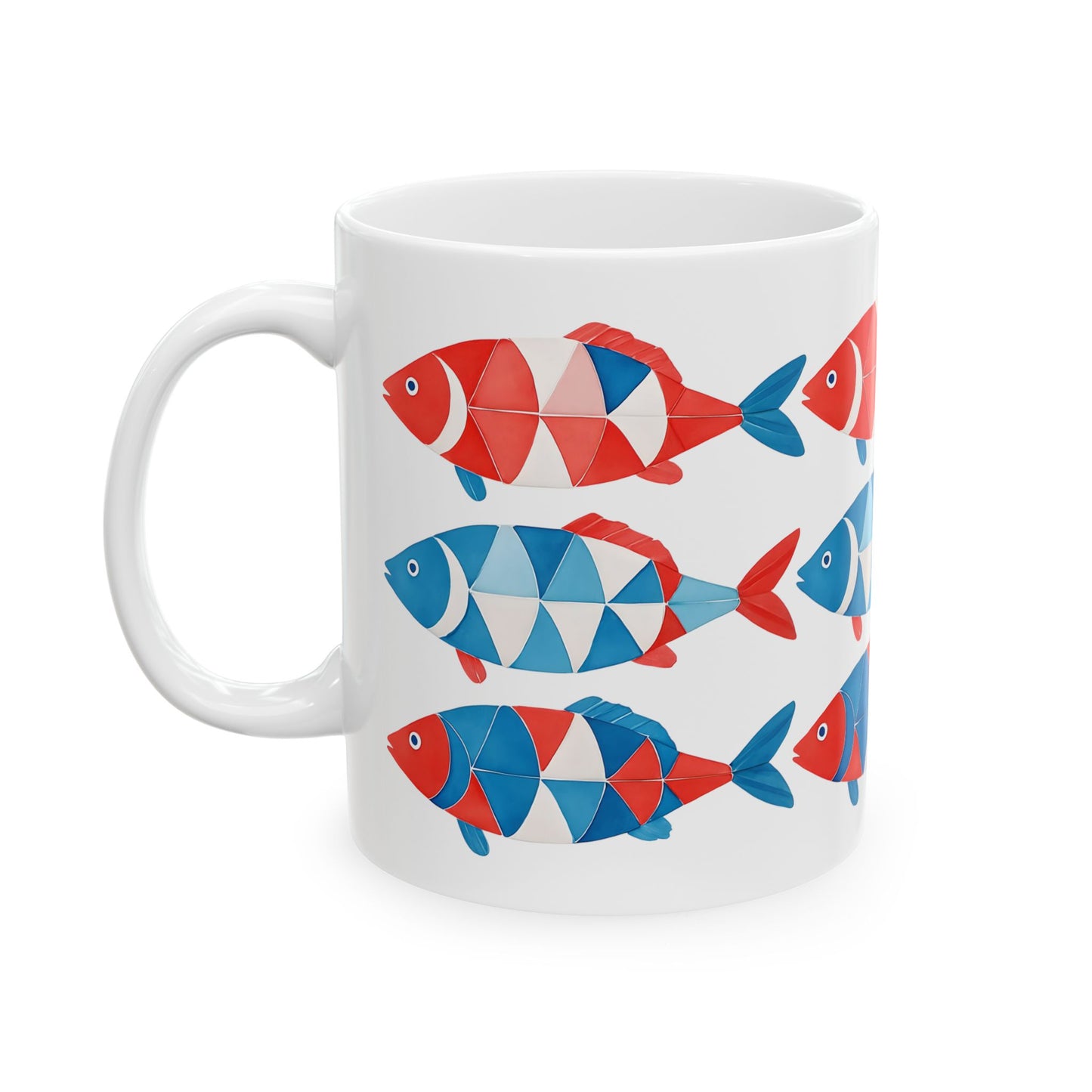 Red, White & Blue Fish Pattern Coffe Cup Ceramic Mug (11oz, 15oz)