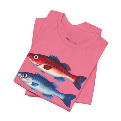 Americana Fish Trio Graphic Tee — Nautical Red & Blue Coastal T-Shirt