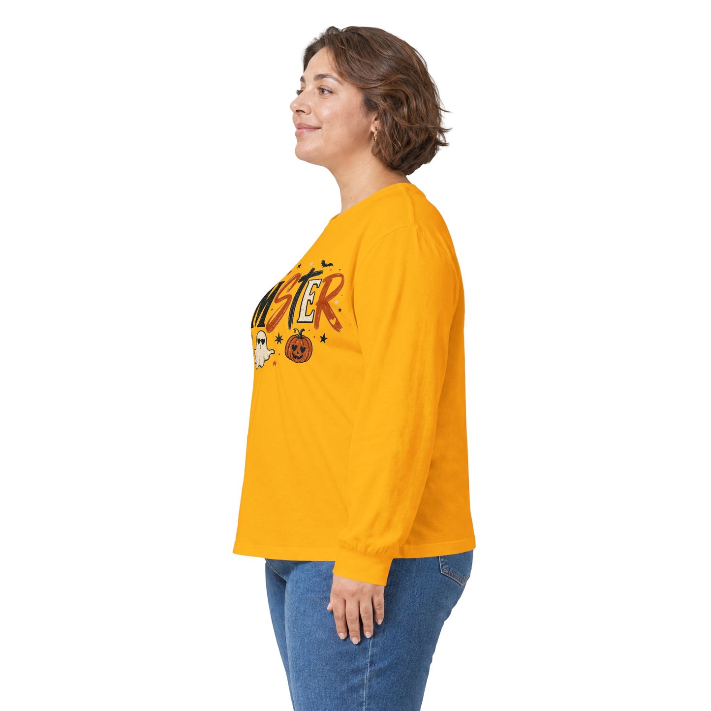 Momster Halloween Long Sleeve T-Shirt — Cute Spooky Mom Shirt with Pumpkins & Ghosts