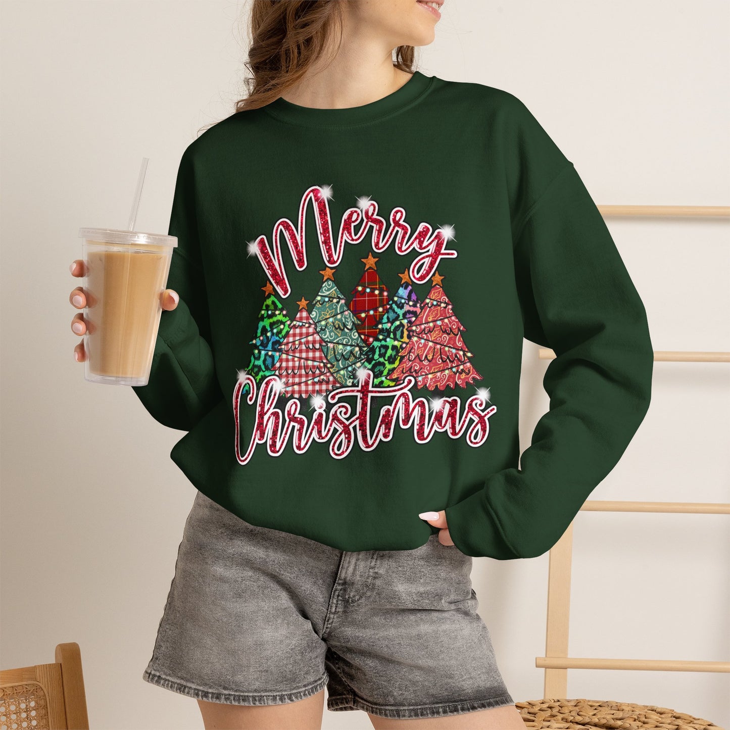 Merry Christmas Crewneck Sweatshirt - Festive Plaid Christmas Trees Holiday Sweatshirt