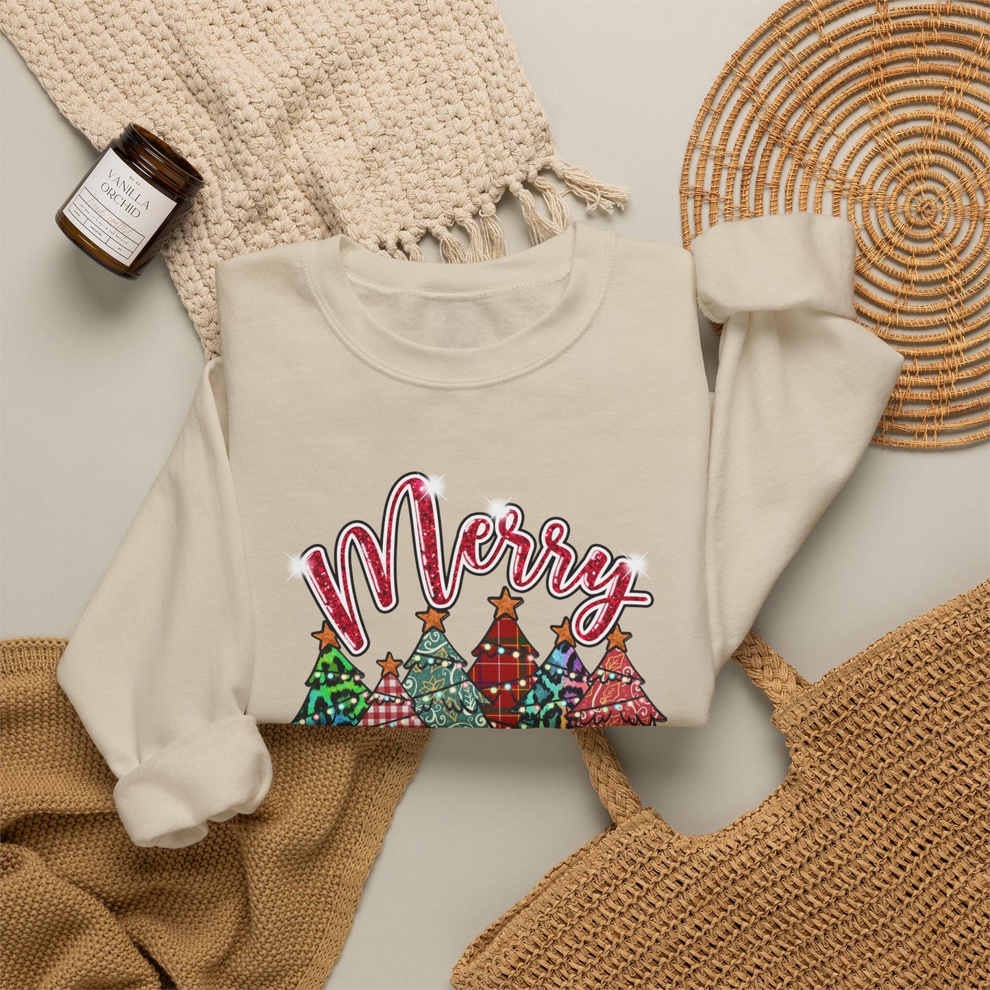 Merry Christmas Crewneck Sweatshirt - Festive Plaid Christmas Trees Holiday Sweatshirt