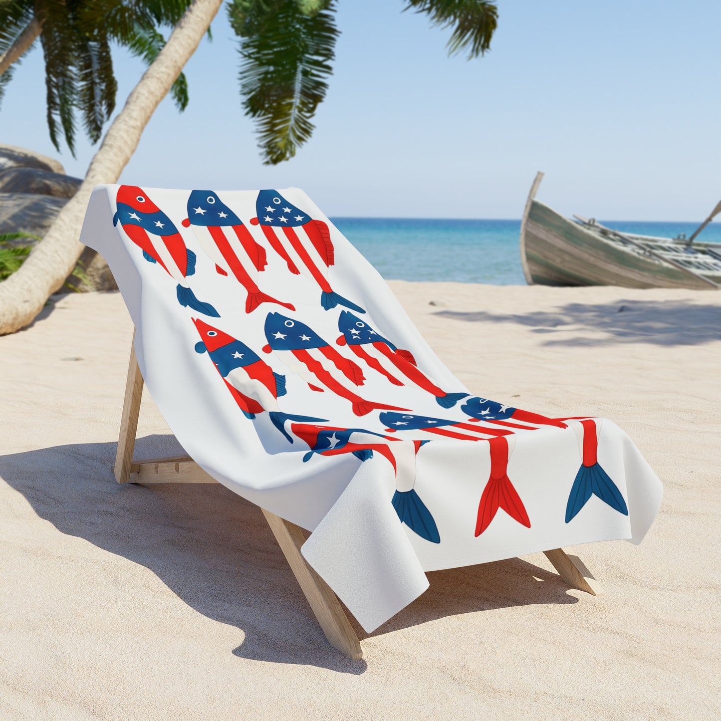 Patriotic Fish Beach Towel – American Flag Red White Blue Summer Towel