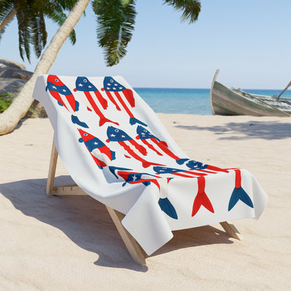 Patriotic Fish Beach Towel – American Flag Red White Blue Summer Towel