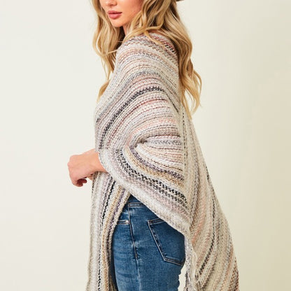 Multicolor Fringe Poncho Ivory