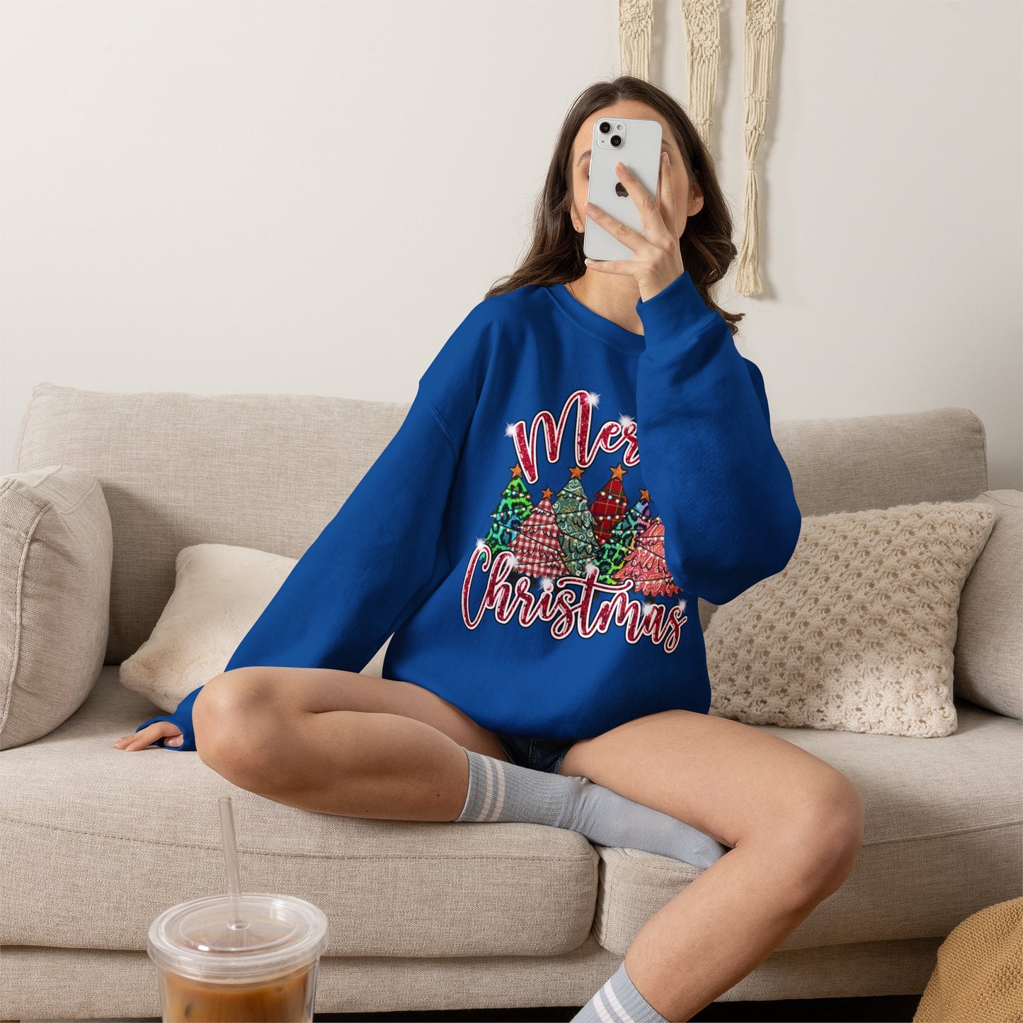 Merry Christmas Crewneck Sweatshirt - Festive Plaid Christmas Trees Holiday Sweatshirt
