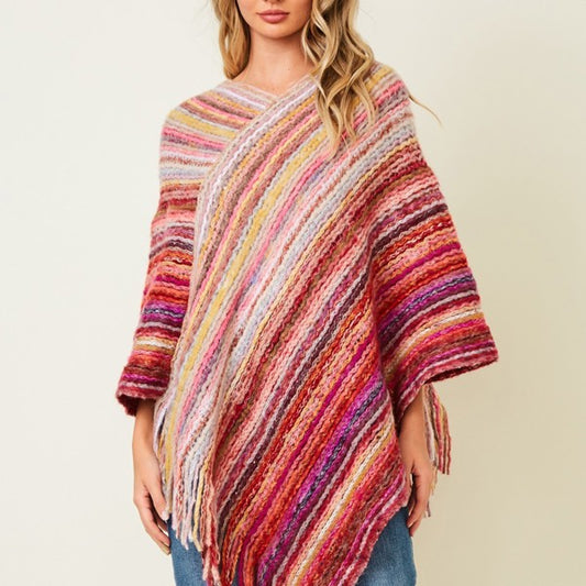Multicolor Fringe Poncho Red