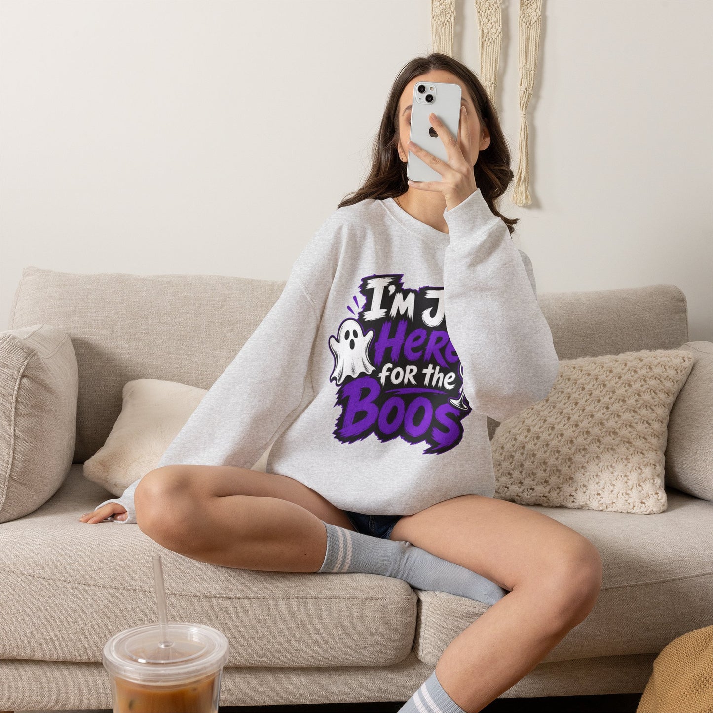 I'm Just Here for the Boos Halloween Sweatshirt — Ghost & Wine Graphic Crewneck