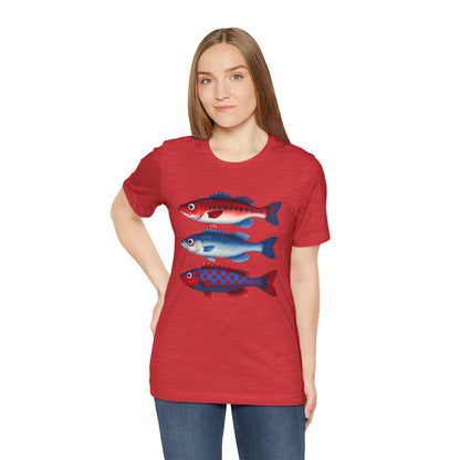 Americana Fish Trio Graphic Tee — Nautical Red & Blue Coastal T-Shirt