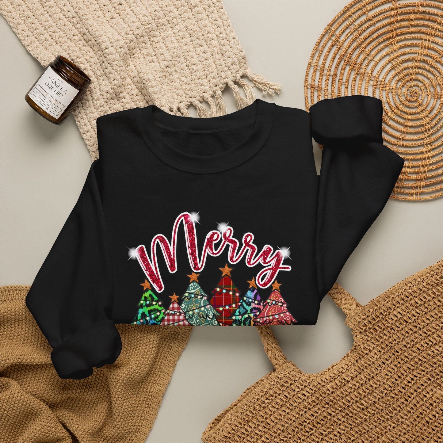 Merry Christmas Crewneck Sweatshirt - Festive Plaid Christmas Trees Holiday Sweatshirt