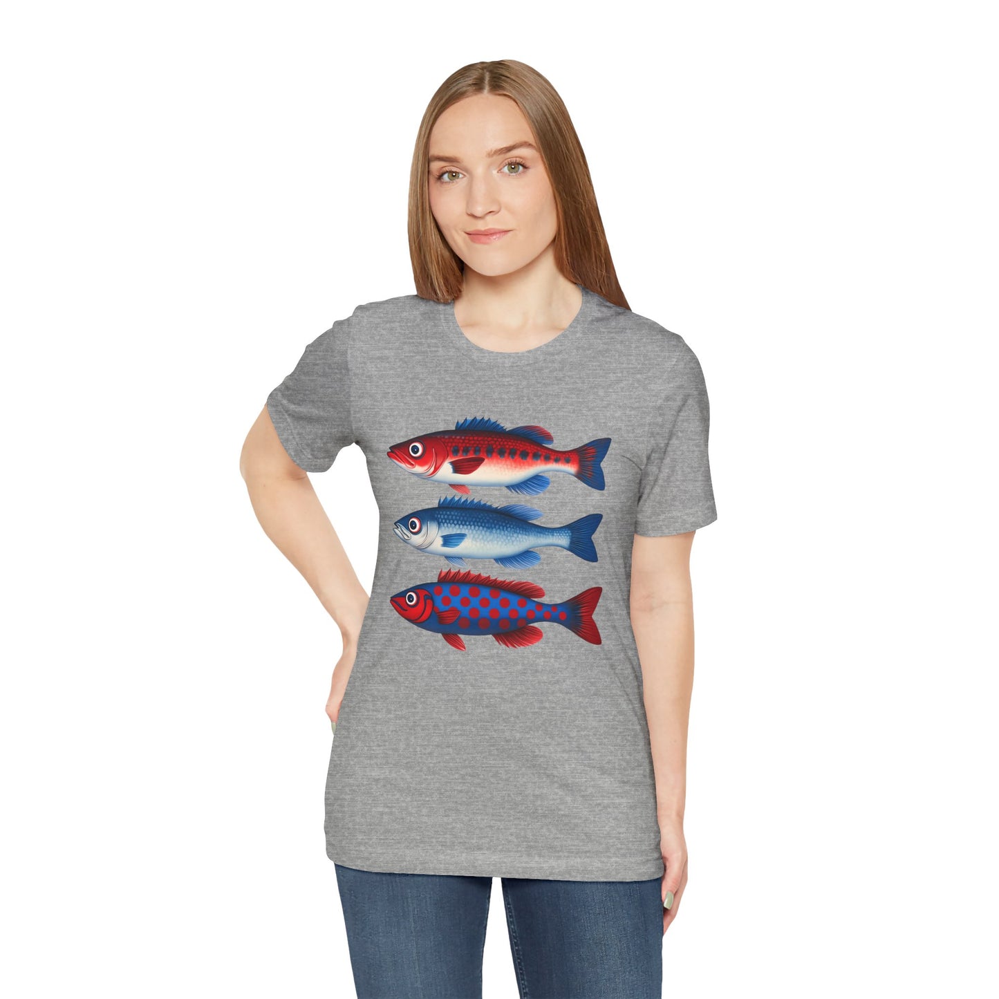Americana Fish Trio Graphic Tee — Nautical Red & Blue Coastal T-Shirt