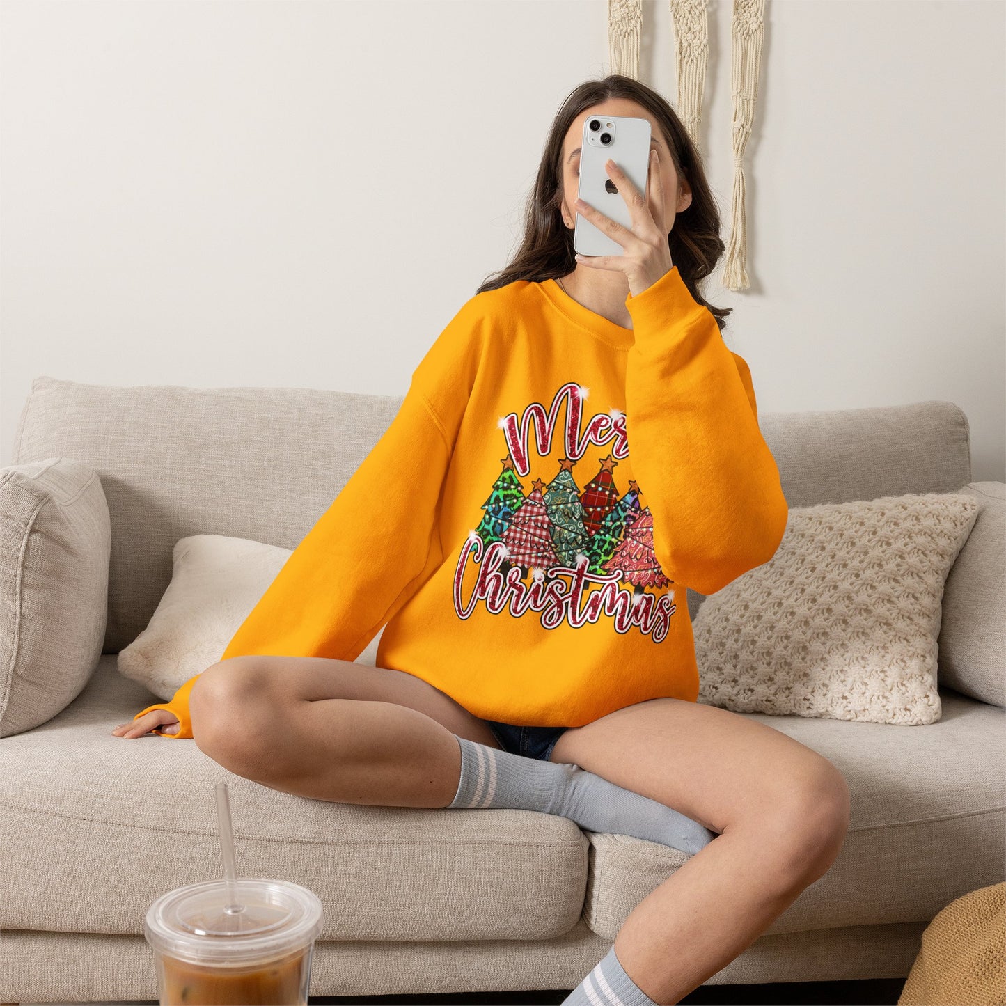 Merry Christmas Crewneck Sweatshirt - Festive Plaid Christmas Trees Holiday Sweatshirt