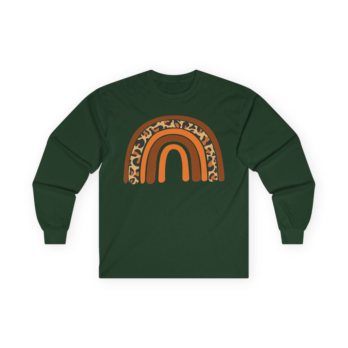 Retro FALL Leopard Rainbow Long Sleeve T-Shirt — Boho Earth-Tone Graphic Shirt