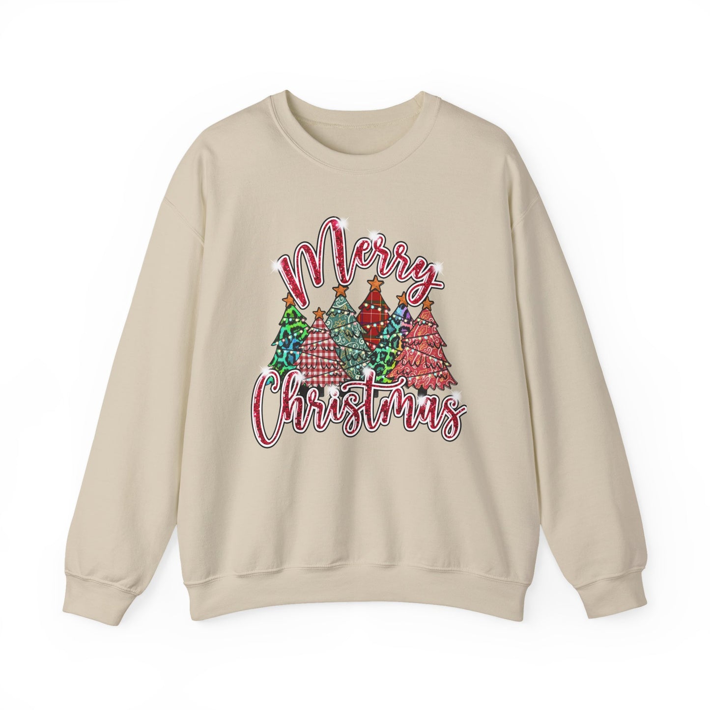 Merry Christmas Crewneck Sweatshirt - Festive Plaid Christmas Trees Holiday Sweatshirt