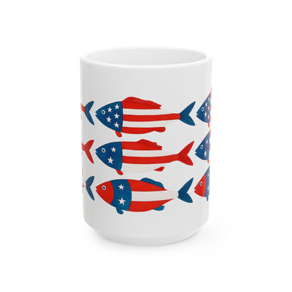 USA Flag Fish Ceramic Mug - Patriotic Ocean-Inspired Coffee Cup