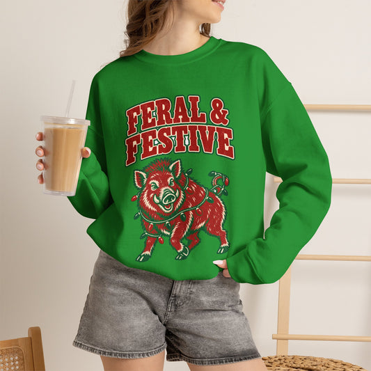 Feral & Festive Christmas Sweatshirt, Funny Wild HOG Holiday Crewneck