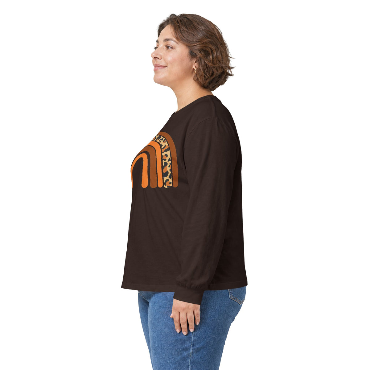 Retro FALL Leopard Rainbow Long Sleeve T-Shirt — Boho Earth-Tone Graphic Shirt