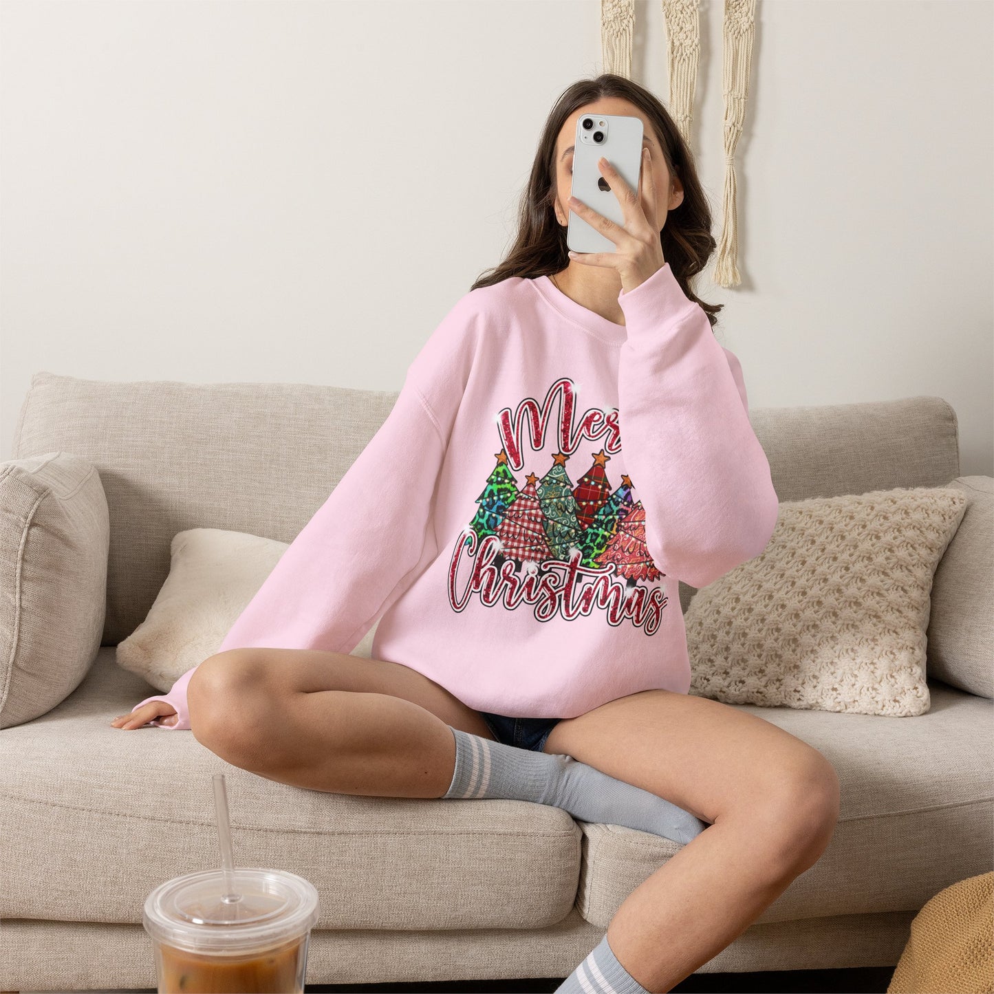 Merry Christmas Crewneck Sweatshirt - Festive Plaid Christmas Trees Holiday Sweatshirt