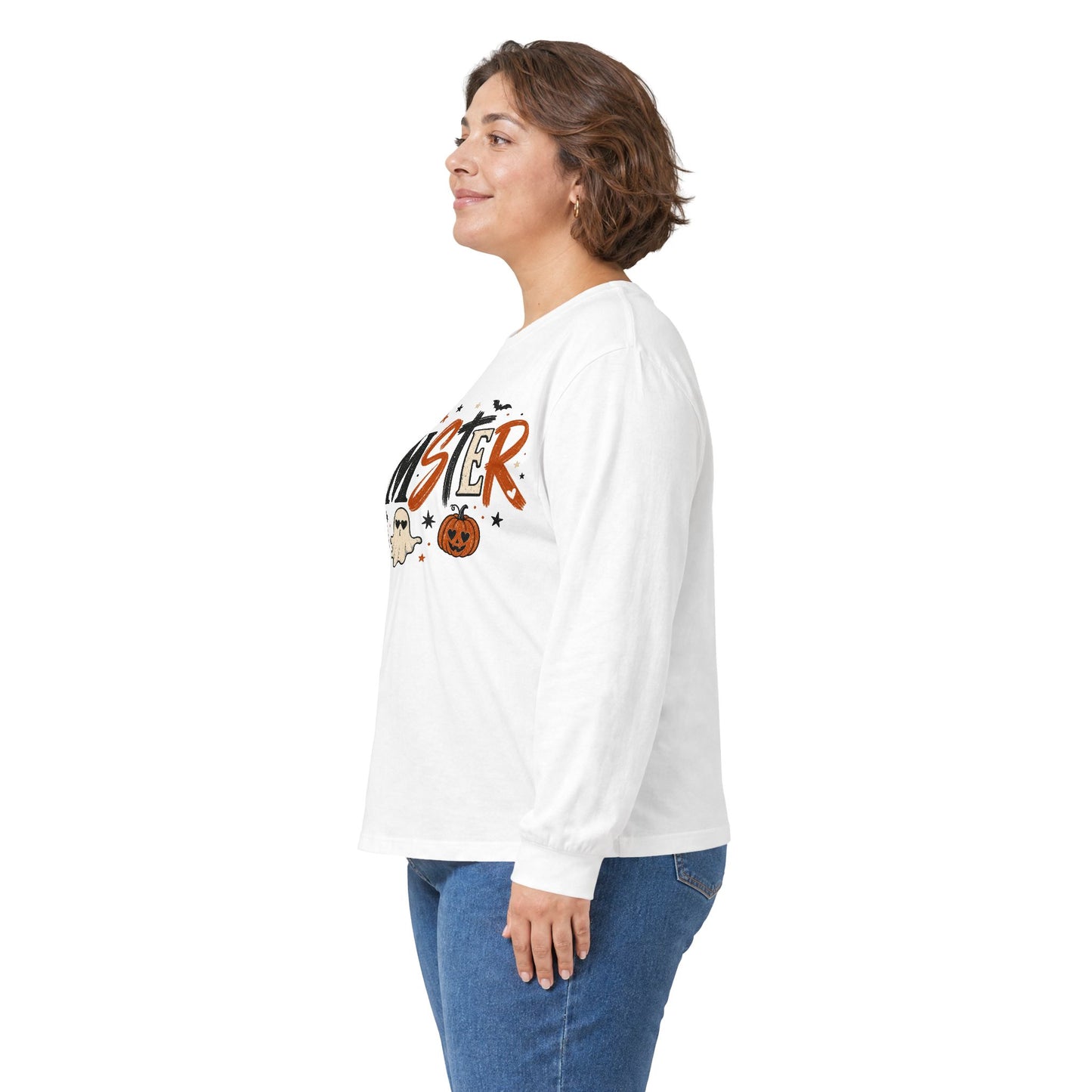 Momster Halloween Long Sleeve T-Shirt — Cute Spooky Mom Shirt with Pumpkins & Ghosts