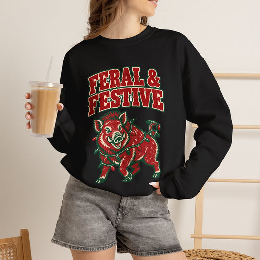 Feral & Festive Christmas Sweatshirt, Funny Wild HOG Holiday Crewneck