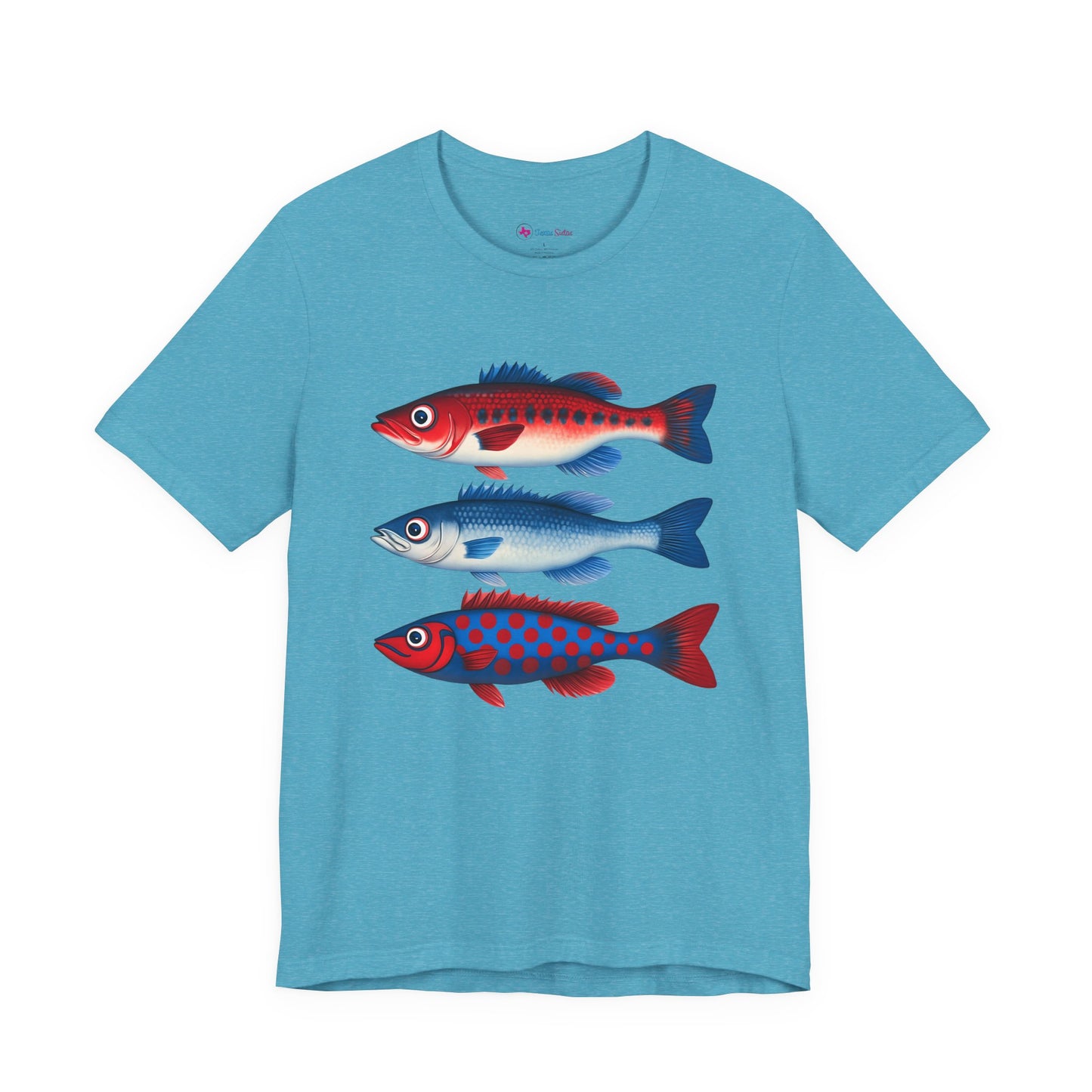 Americana Fish Trio Graphic Tee — Nautical Red & Blue Coastal T-Shirt