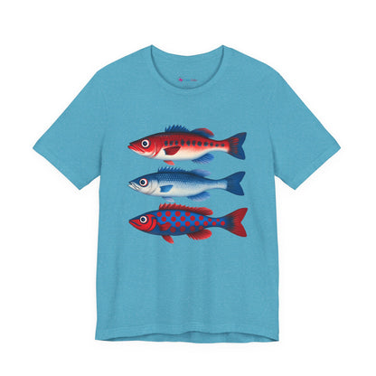 Americana Fish Trio Graphic Tee — Nautical Red & Blue Coastal T-Shirt