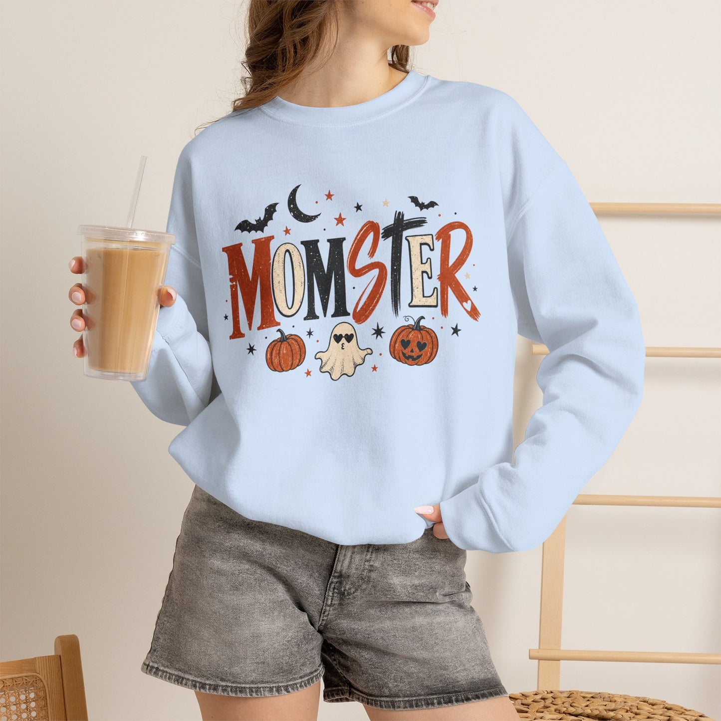 Momster Halloween Sweatshirt — Cute Momster Ghost & Pumpkins Crewneck
