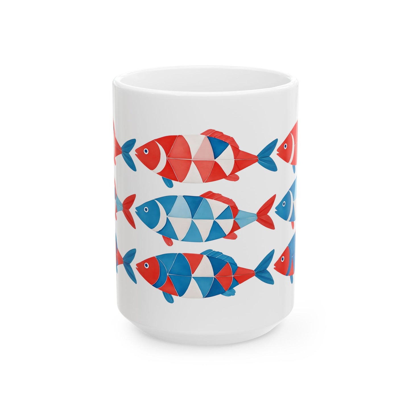 Red, White & Blue Fish Pattern Coffe Cup Ceramic Mug (11oz, 15oz)