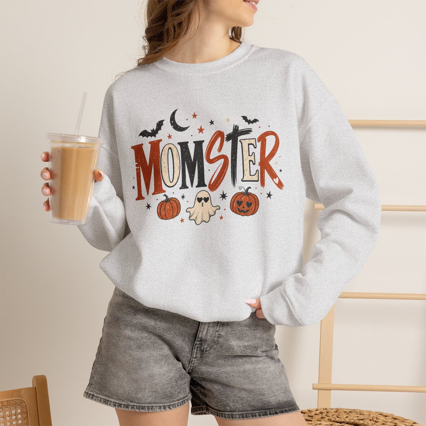 Momster Halloween Sweatshirt — Cute Momster Ghost & Pumpkins Crewneck