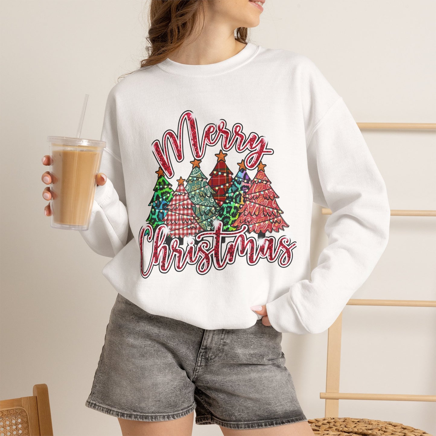 Merry Christmas Crewneck Sweatshirt - Festive Plaid Christmas Trees Holiday Sweatshirt