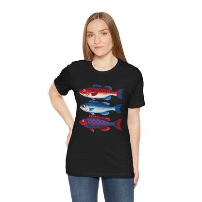 Americana Fish Trio Graphic Tee — Nautical Red & Blue Coastal T-Shirt