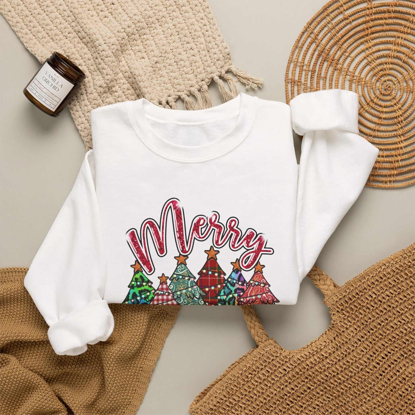 Merry Christmas Crewneck Sweatshirt - Festive Plaid Christmas Trees Holiday Sweatshirt