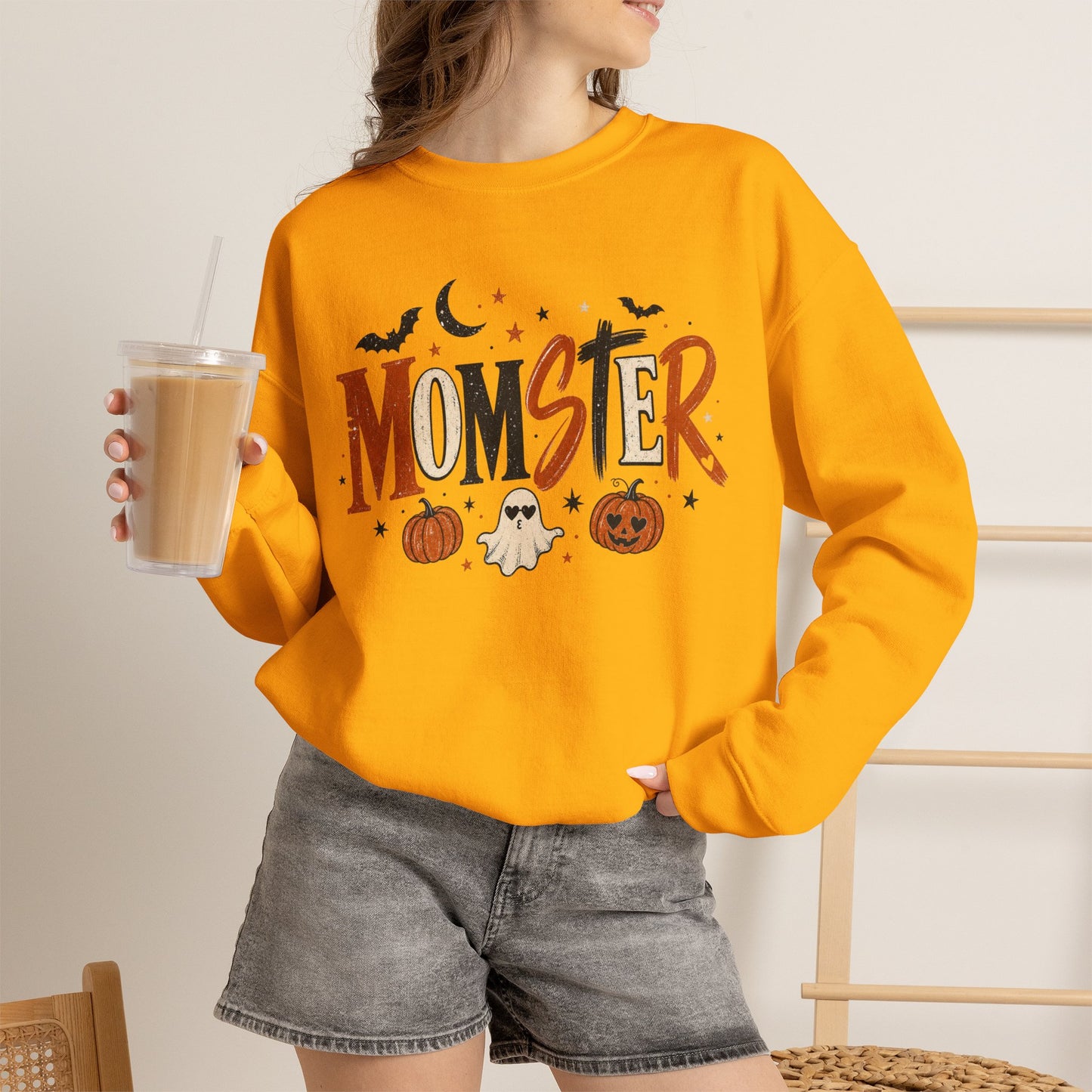 Momster Halloween Sweatshirt — Cute Momster Ghost & Pumpkins Crewneck