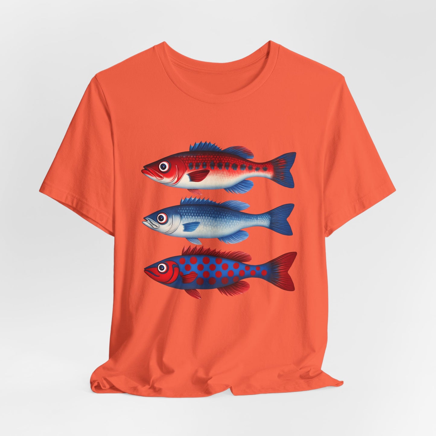 Americana Fish Trio Graphic Tee — Nautical Red & Blue Coastal T-Shirt
