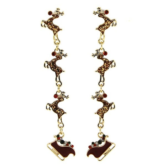 Gold Christmas Earrings Santa's Sleigh & Reindeer
